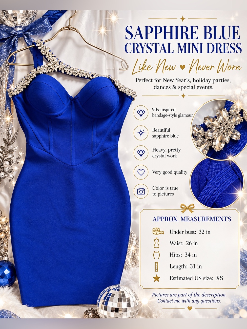 Sapphire Blue Crystal Rhinestone Mini Dress | XS | Like New / Never Worn